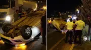 İnanılmaz Kaza Anı: Araç Ters Döndü, Sürücü Burnu Bile Kanamadan Kurtuldu!