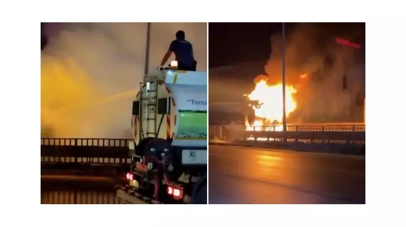 Korkunç Anlar! Alevler İçindeki Kamyonu Belediye Ekipleri Su Seline Boğdu