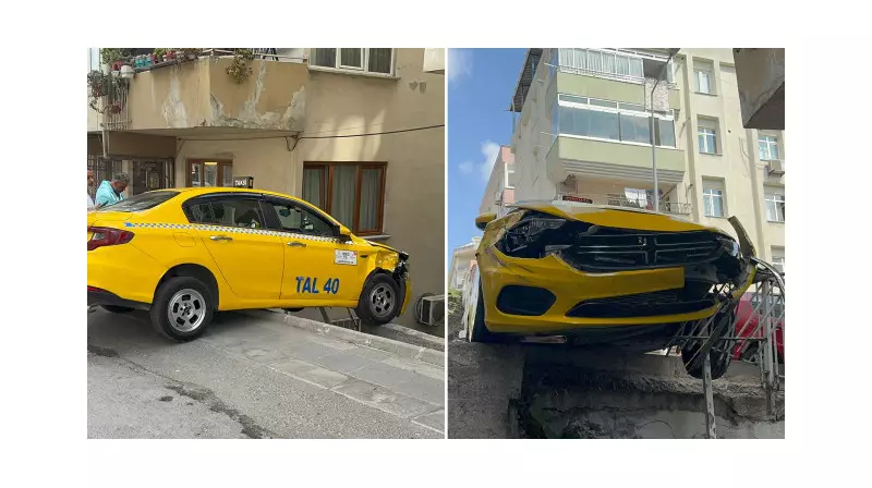 Şok Edici Kaza: Freni Tutmayan Taksi Duvarda Asılı Kaldı!