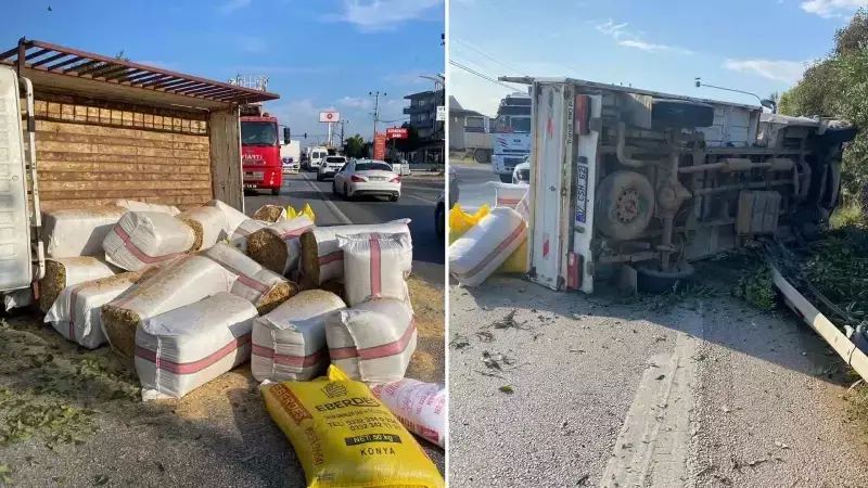 Serik'te Kamyonet Devrildi: Samanlar Yola Saçıldı