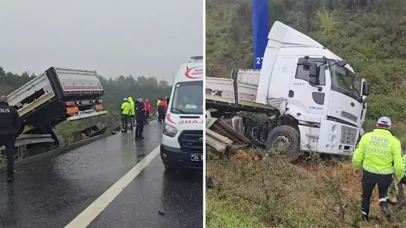 İstanbul'da Yağmurda Kontrolünü Kaybeden TIR Şarampole Yuvarlandı