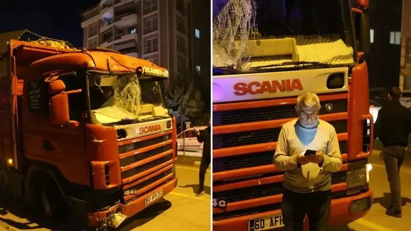 Tokat'ta Sürüklenen Kamyonun Sürücüsü, Aracı Lastiklerini Patlatarak Durdurdu!
