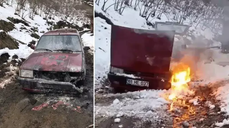 Şahinli'de Seyir Halindeki Otomobilde Yangın: Sürücü Kar Birikintileriyle Mücadele Etti