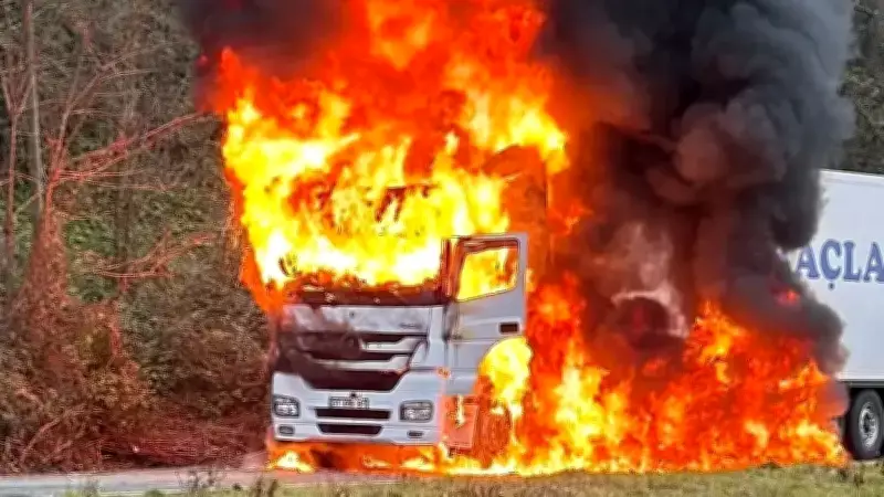 Rize'de Seyir Halindeki Tır Aniden Alev Aldı, Araç Kullanılamaz Hale Geldi
