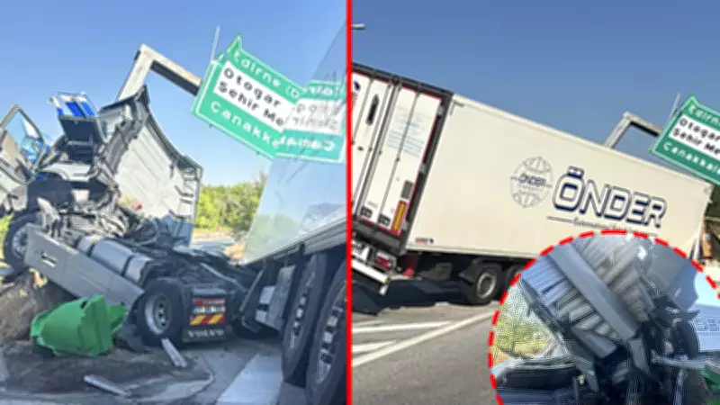 Edirne'de feci kaza: Tır yön tabelasına saplandı, motor beton bloğun altında kaldı