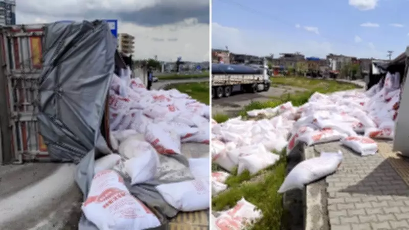 UN yüklü tırın devrildiği kazada 4 kişi yaralandı