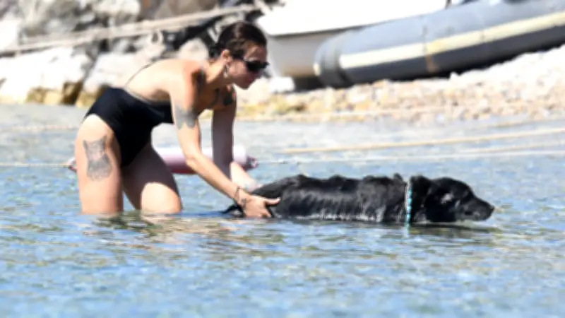 Birce Akalay, Bodrum'da sağlık sorunlu köpeğine denizde egzersiz yaptırdı