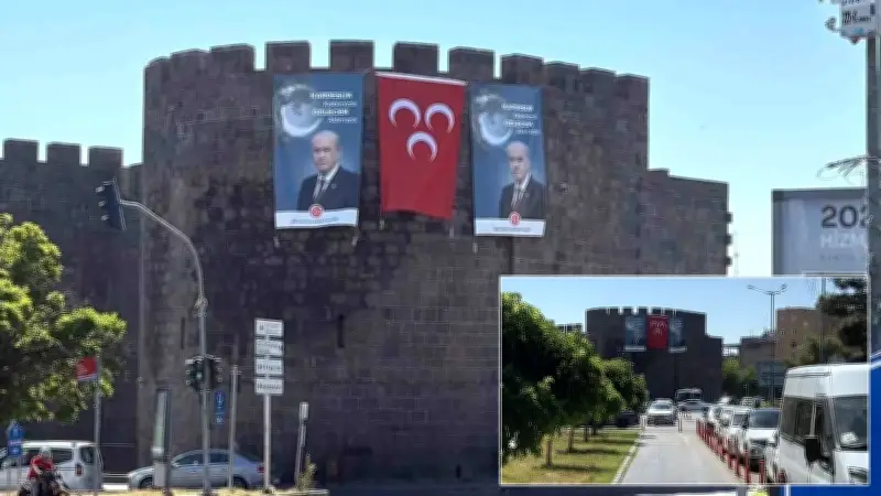 Diyarbakır'da Dağkapı Burcu'na Bahçeli Posteri ve Kardeşlik Pankartı